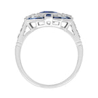 Emerald Cut Blue Sapphire & Diamond Art Deco Geometric Style 14K White Gold Ring