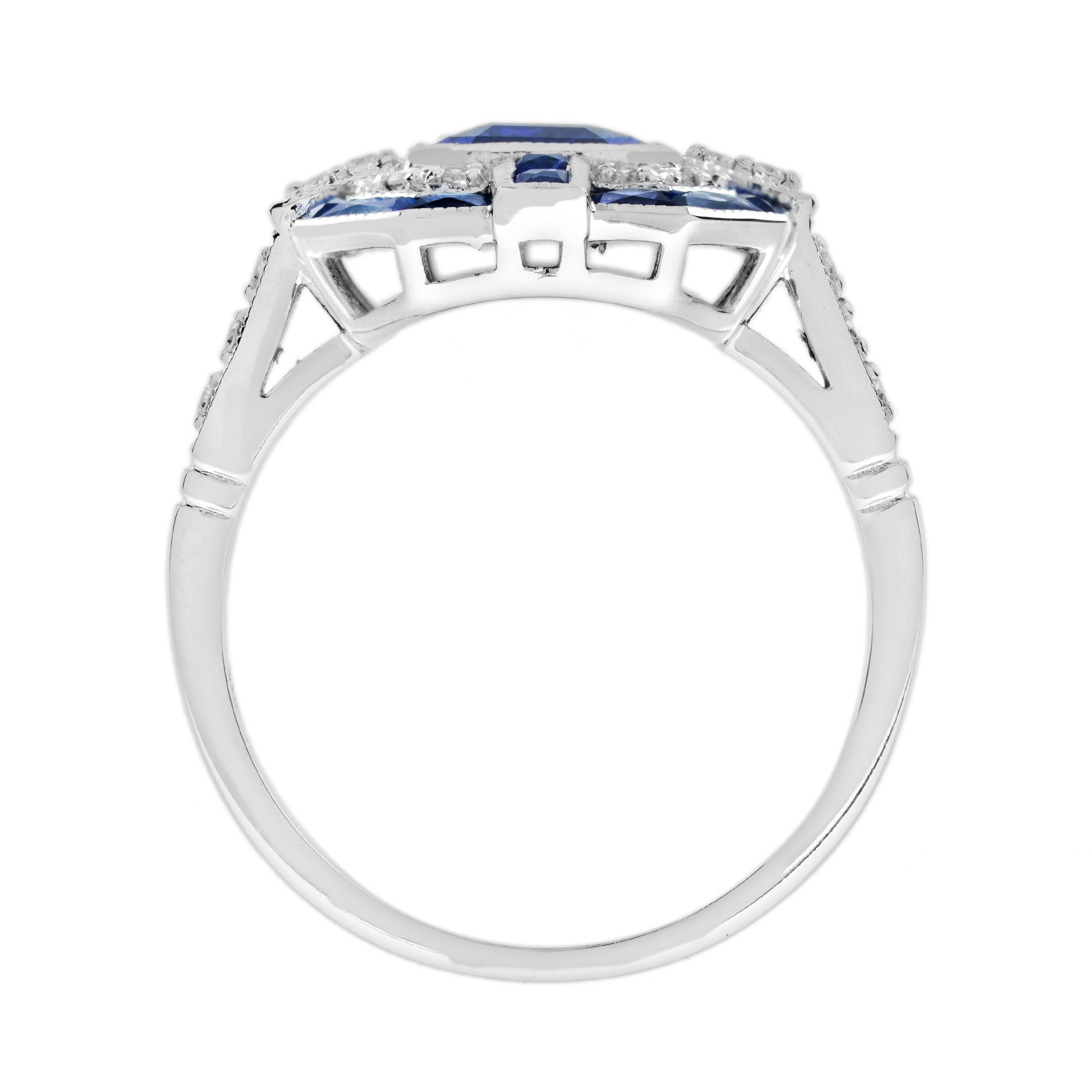 Emerald Cut Blue Sapphire & Diamond Art Deco Geometric Style 14K White Gold Ring