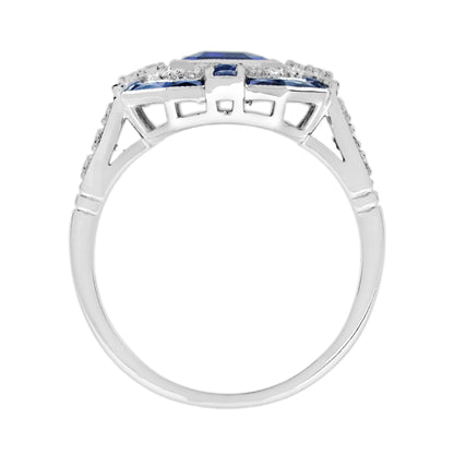 Emerald Cut Blue Sapphire & Diamond Art Deco Geometric Style 14K White Gold Ring
