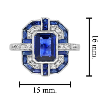 Emerald Cut Blue Sapphire & Diamond Art Deco Geometric Style 14K White Gold Ring