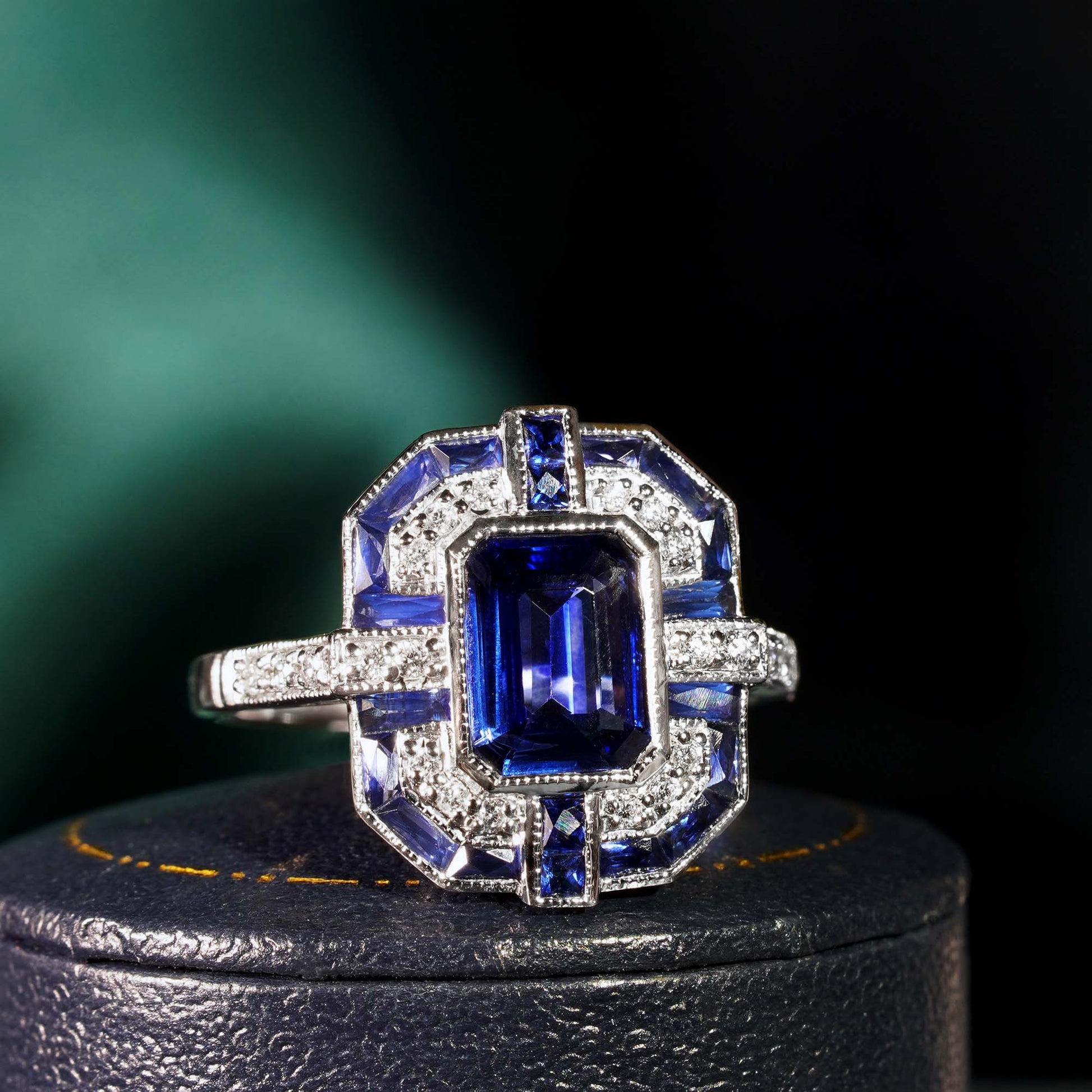 Emerald Cut Blue Sapphire & Diamond Art Deco Geometric Style 14K White Gold Ring