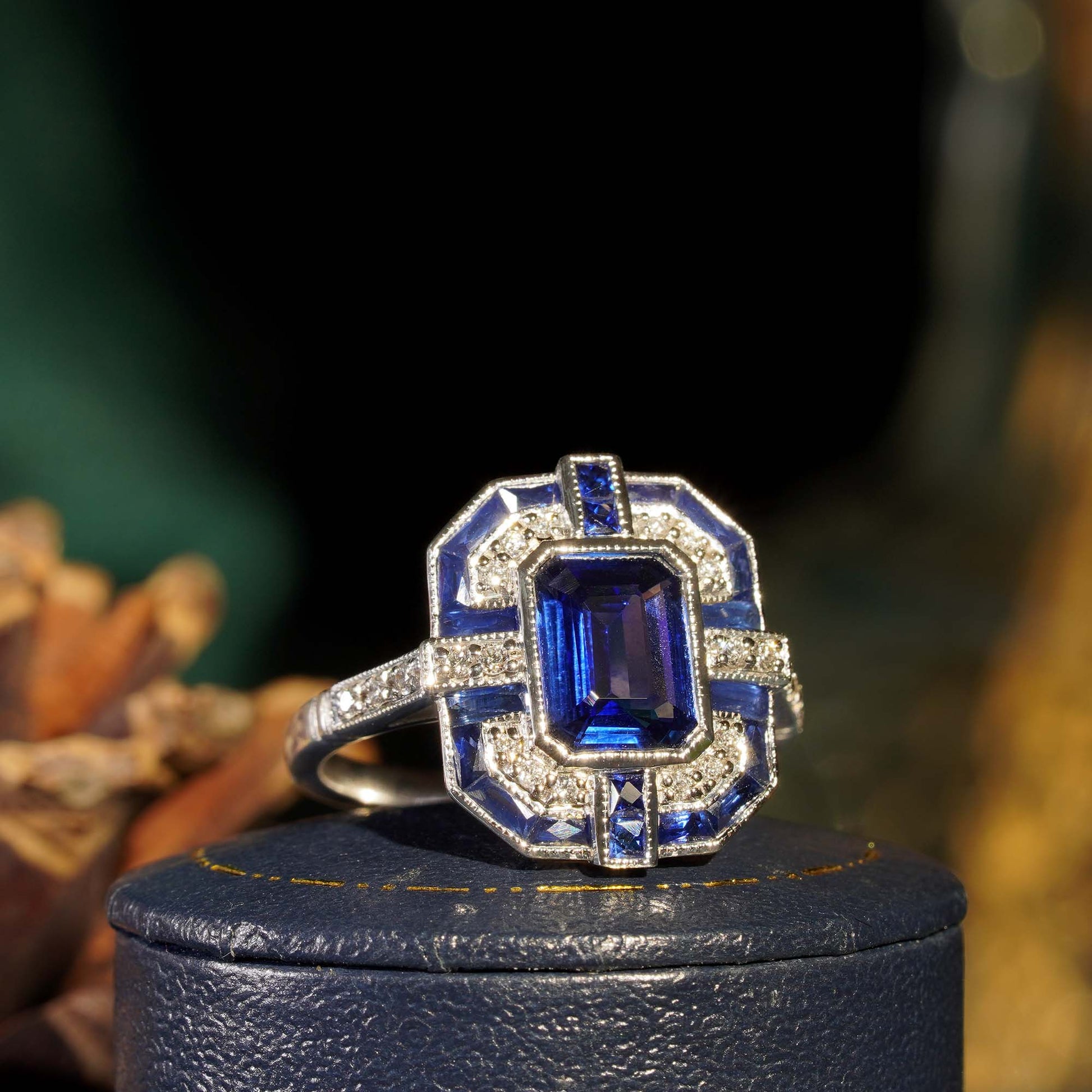 Emerald Cut Blue Sapphire & Diamond Art Deco Geometric Style 14K White Gold Ring
