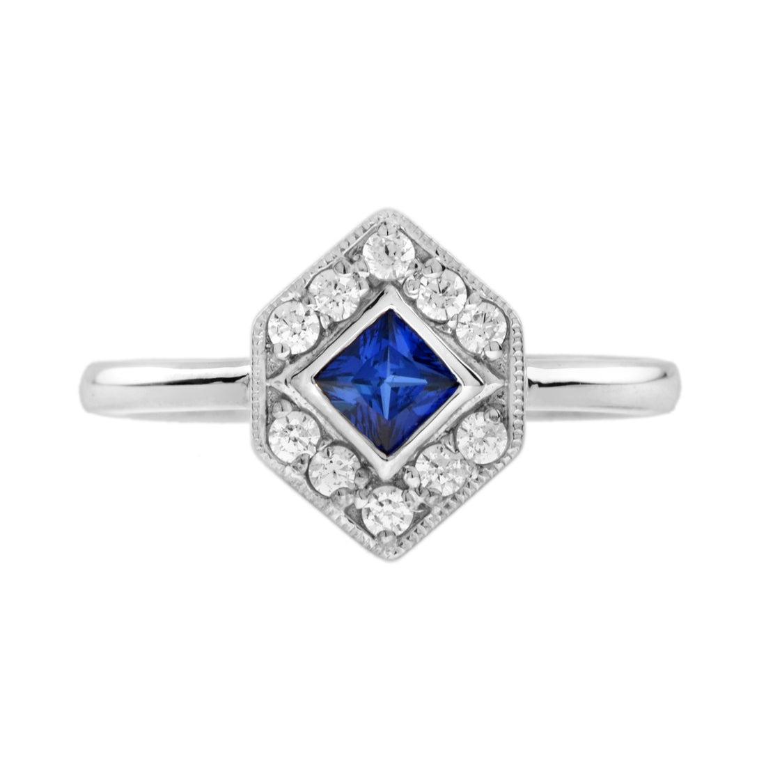 Square Blue Sapphire & Diamond Hexagon 14K White Gold Ring