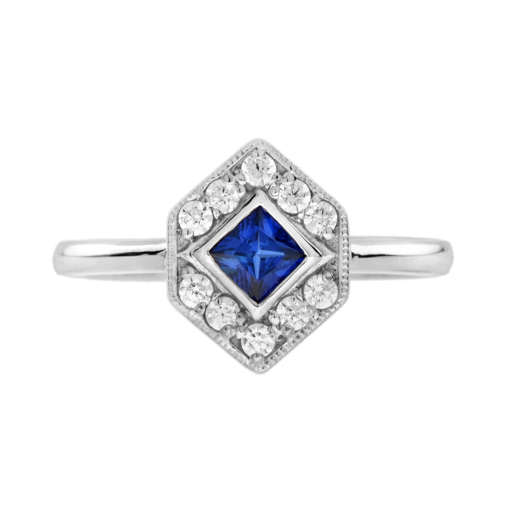 Square Blue Sapphire & Diamond Hexagon 14K White Gold Ring
