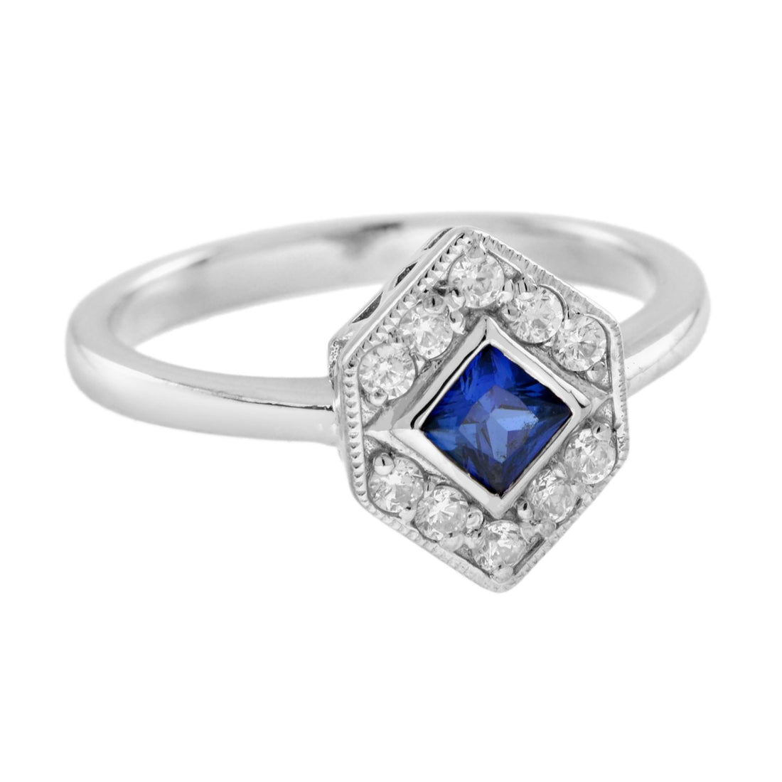 Square Blue Sapphire &amp; Diamond Hexagon 14K White Gold Ring