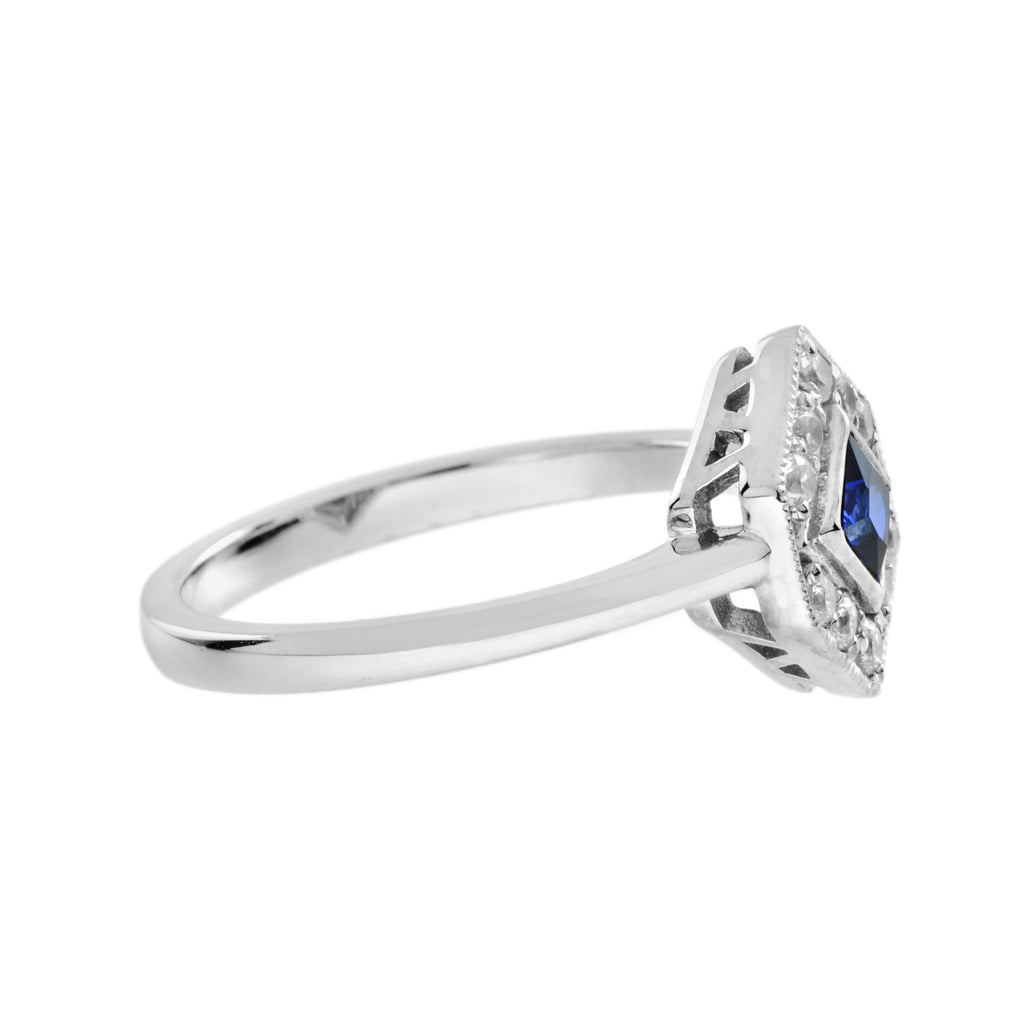 Square Blue Sapphire & Diamond Hexagon 14K White Gold Ring