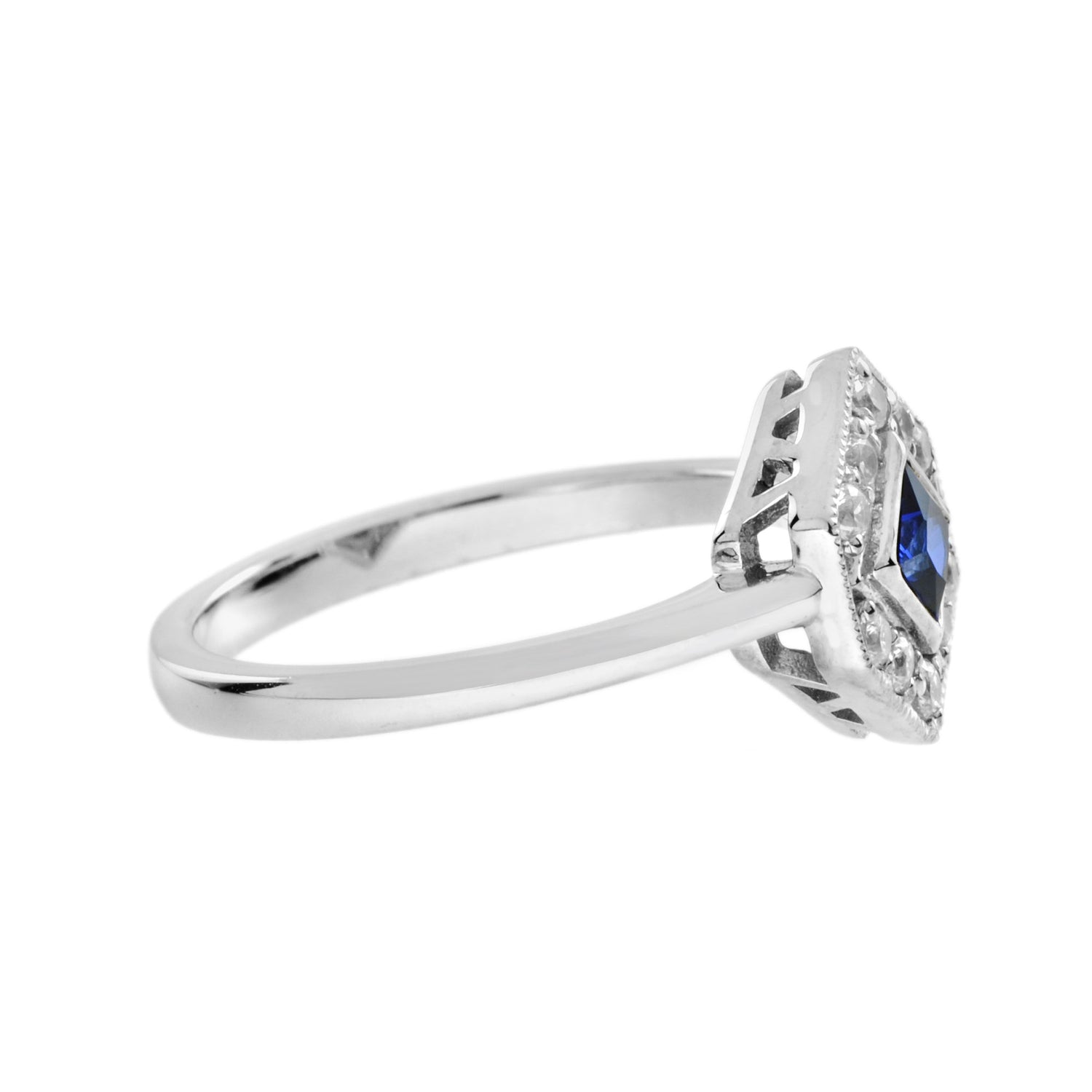 Square Blue Sapphire &amp; Diamond Hexagon 14K White Gold Ring