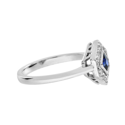Square Blue Sapphire &amp; Diamond Hexagon 14K White Gold Ring