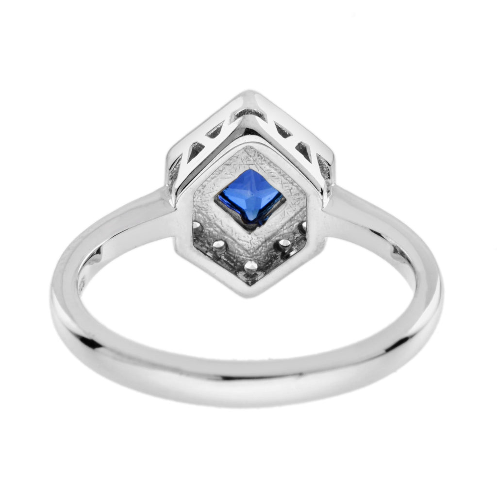 Square Blue Sapphire & Diamond Hexagon 14K White Gold Ring
