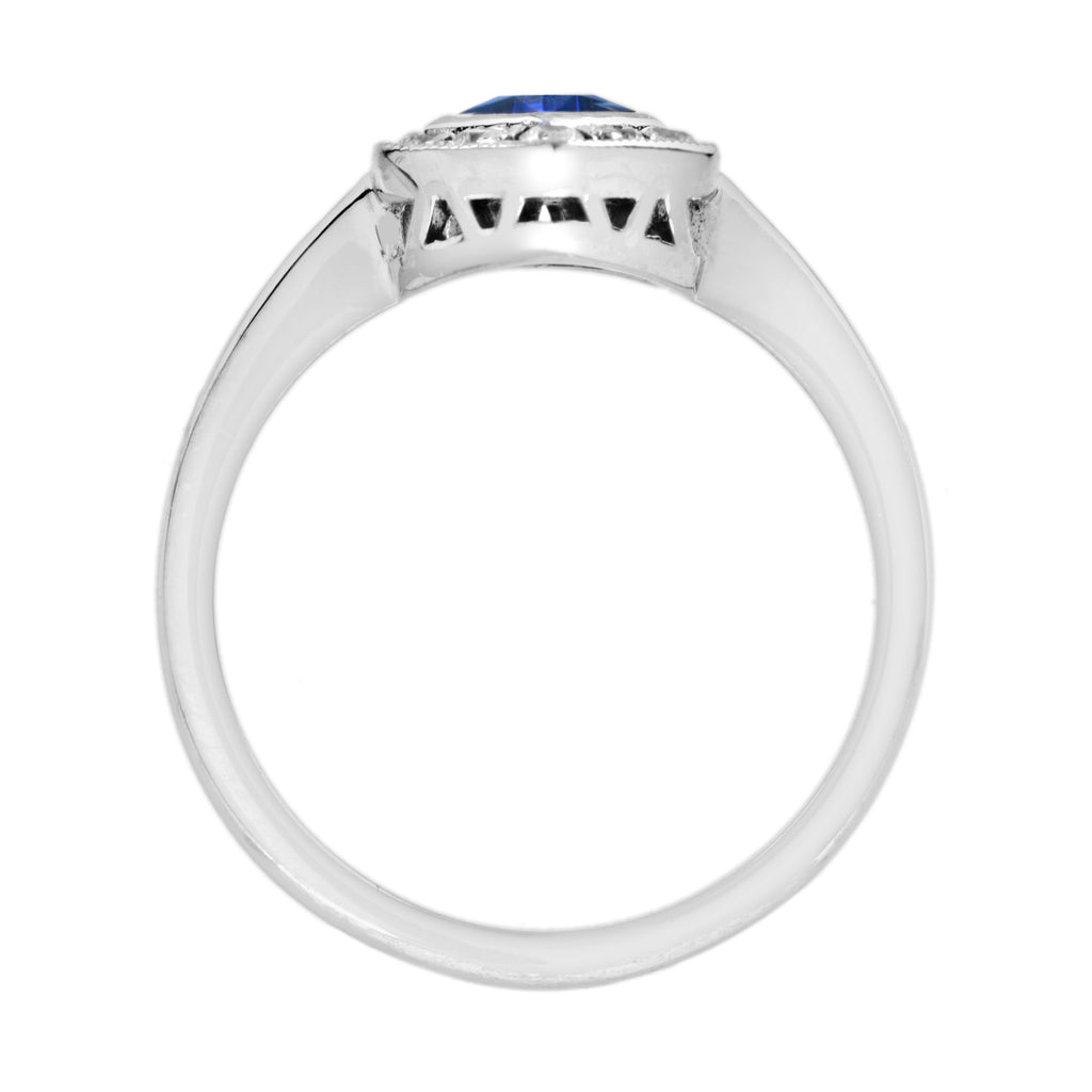 Square Blue Sapphire & Diamond Hexagon 14K White Gold Ring