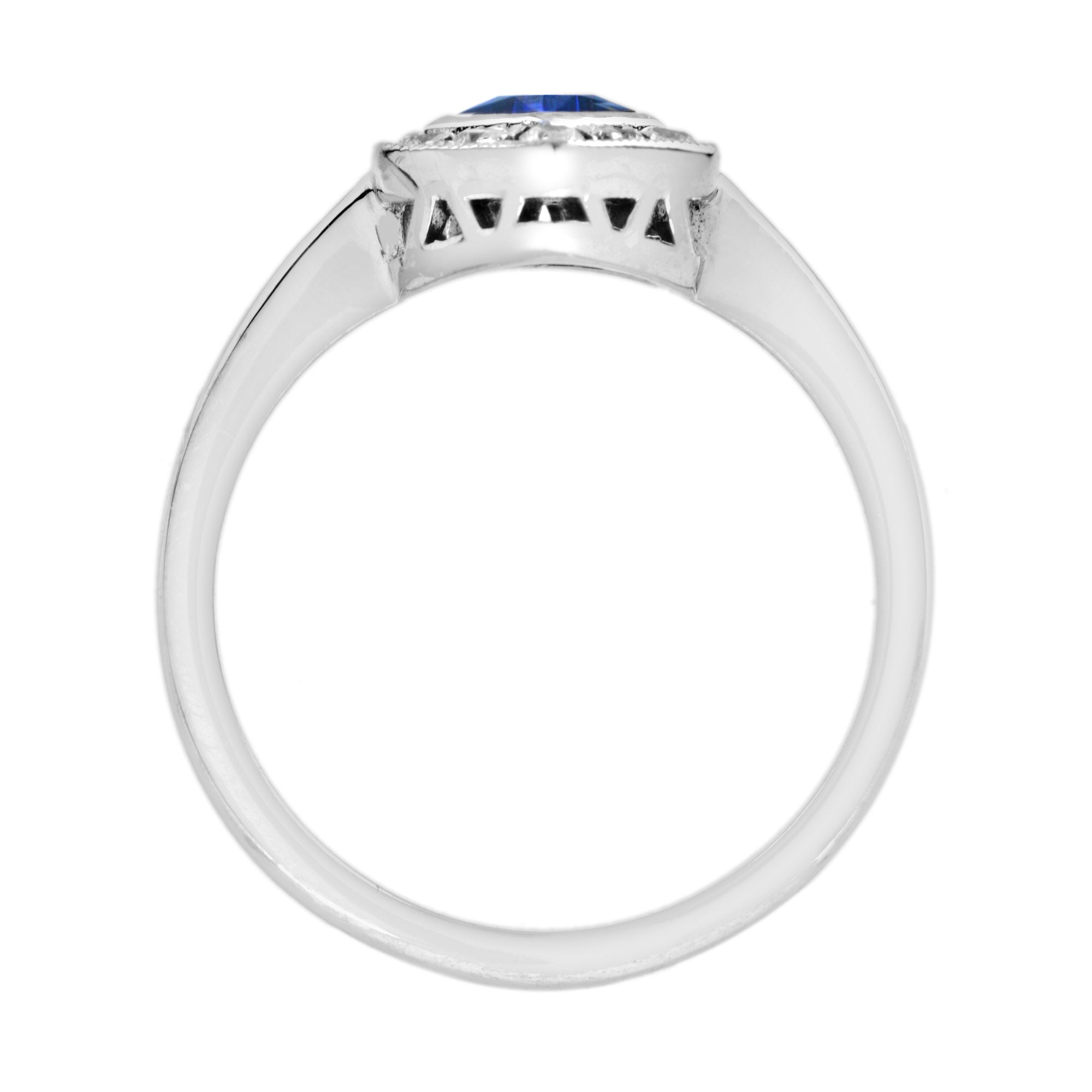 Square Blue Sapphire &amp; Diamond Hexagon 14K White Gold Ring