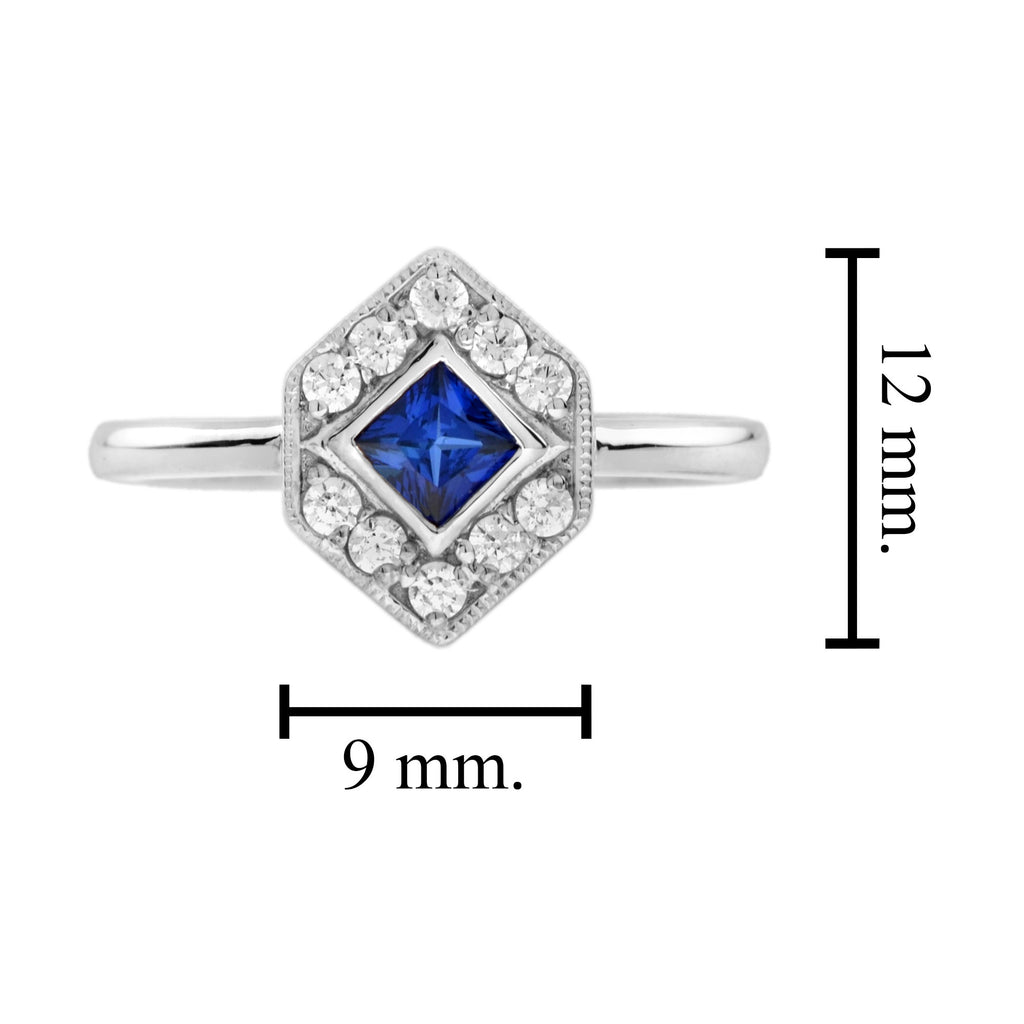 Square Blue Sapphire & Diamond Hexagon 14K White Gold Ring