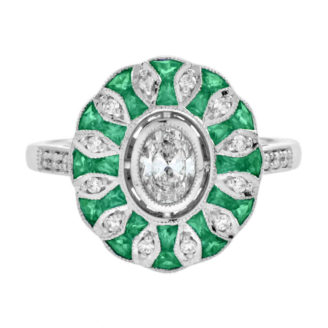Oval Diamond & Green Emerald Art Deco Style Floral Engagement White Gold Ring