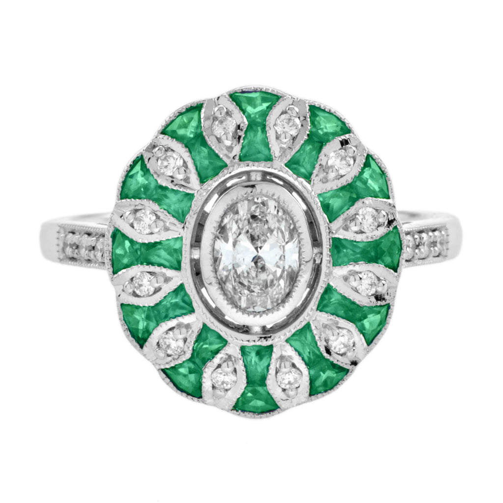 3.16 Ctw Art Deco Style Emerald & Diamond 18K White Gold Ring