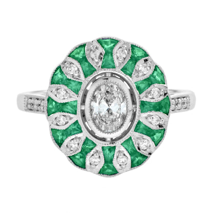 Oval Diamond &amp; Green Emerald Art Deco Style Floral Engagement White Gold Ring