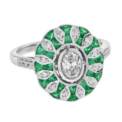 Oval Diamond &amp; Green Emerald Art Deco Style Floral Engagement White Gold Ring