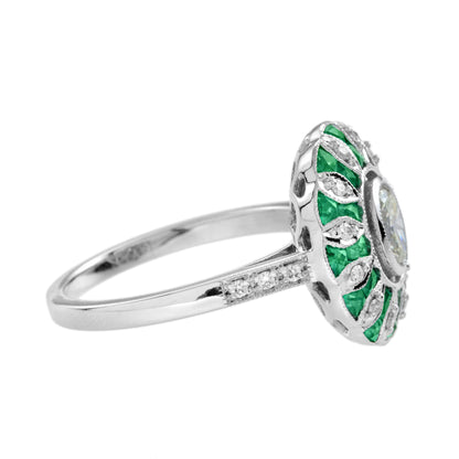 Oval Diamond &amp; Green Emerald Art Deco Style Floral Engagement White Gold Ring