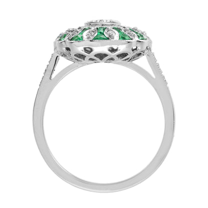 Oval Diamond &amp; Green Emerald Art Deco Style Floral Engagement White Gold Ring