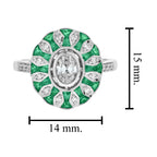 Oval Diamond & Green Emerald Art Deco Style Floral Engagement White Gold Ring
