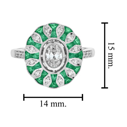 Oval Diamond &amp; Green Emerald Art Deco Style Floral Engagement White Gold Ring
