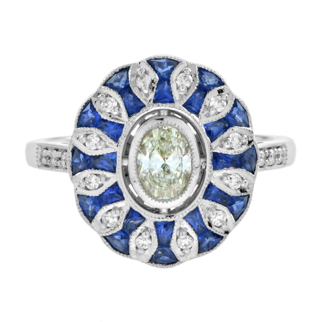 Warm Oval Diamond &amp; Blue Sapphire Art Deco Style Floral 14K White Gold Ring