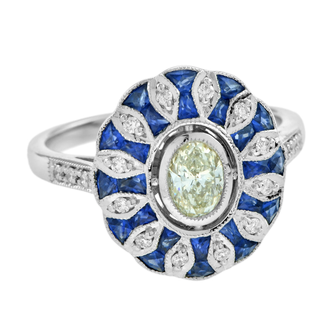 Warm Oval Diamond &amp; Blue Sapphire Art Deco Style Floral 14K White Gold Ring
