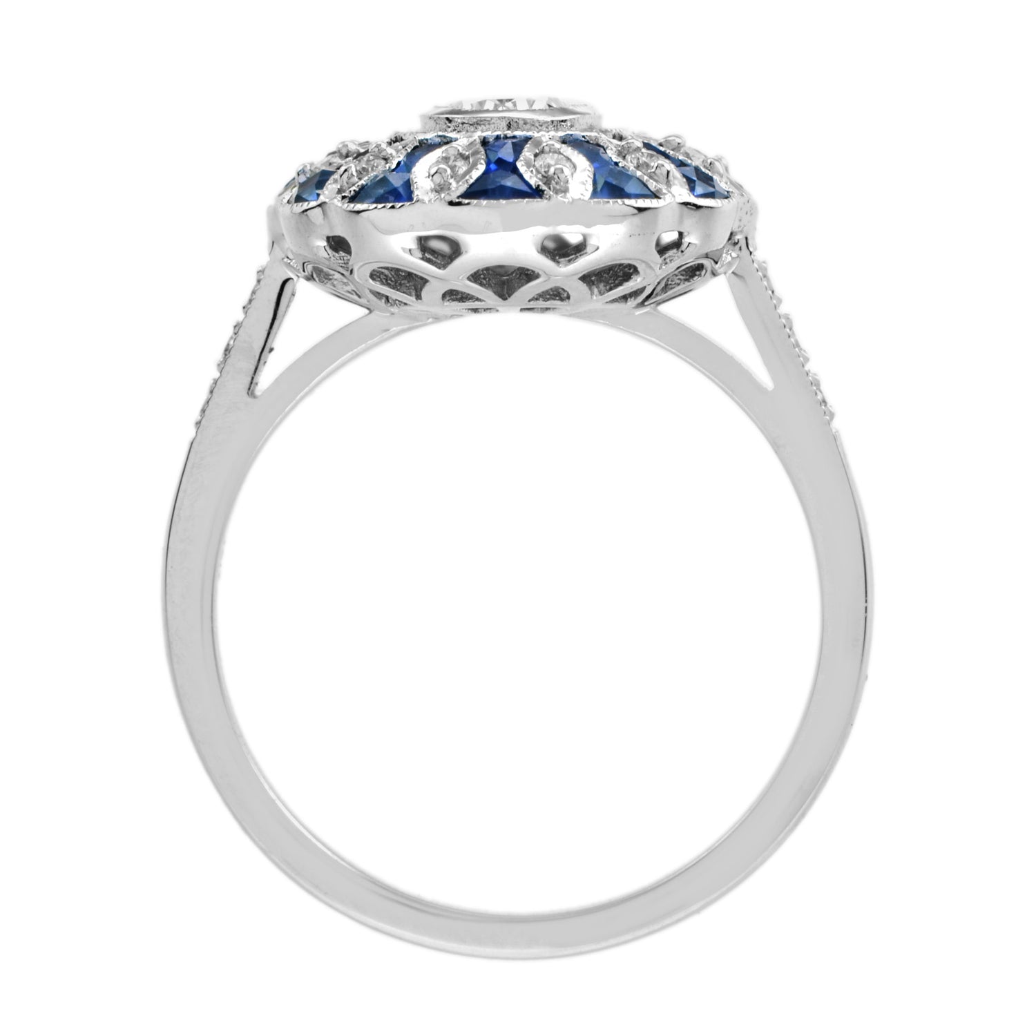 Warm Oval Diamond &amp; Blue Sapphire Art Deco Style Floral 14K White Gold Ring
