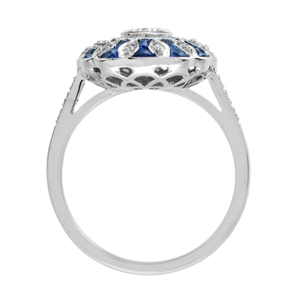 Warm Oval Diamond &amp; Blue Sapphire Art Deco Style Floral 14K White Gold Ring