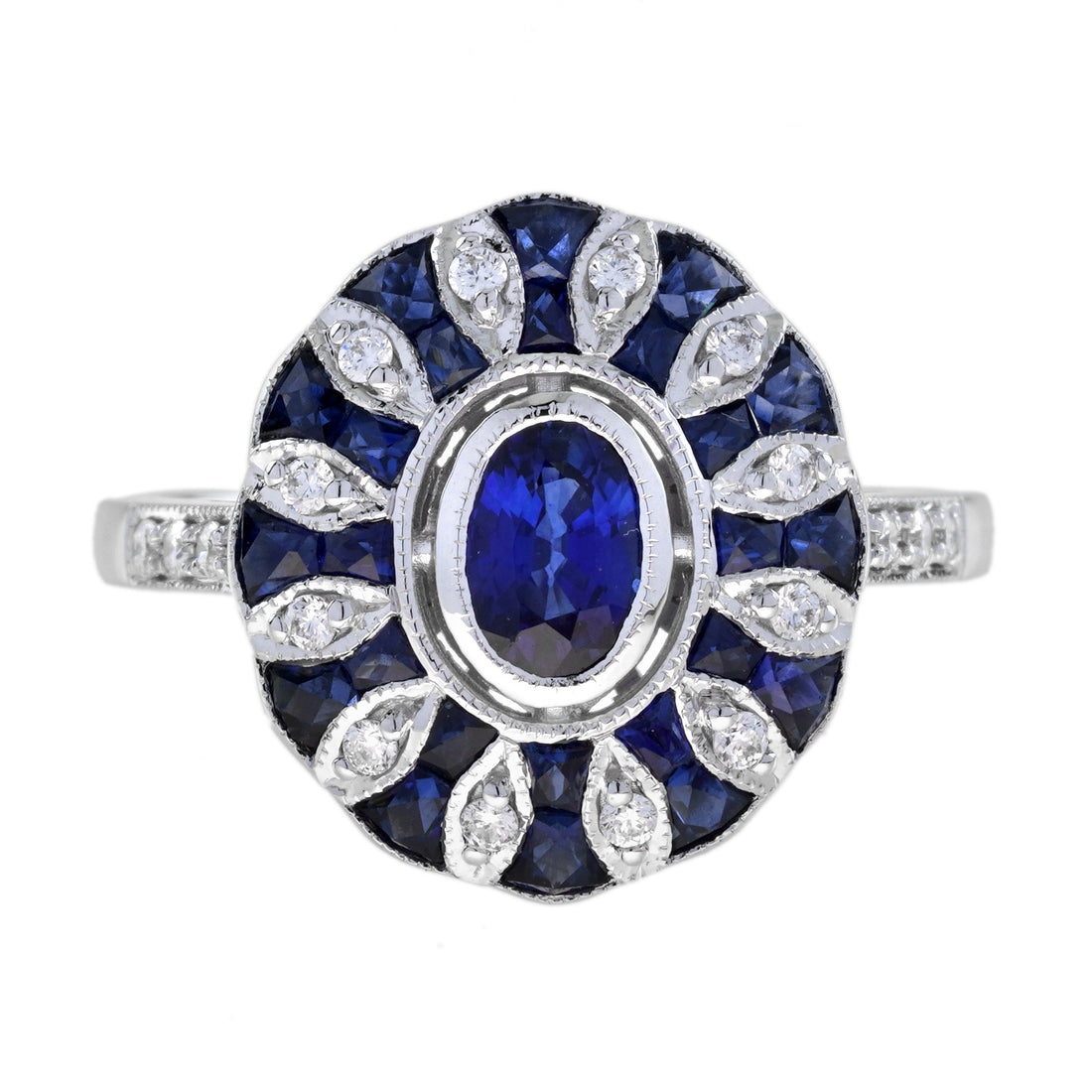 Oval Blue Sapphire &amp; Diamond Art Deco Style Halo Set Mosaic White Gold Ring