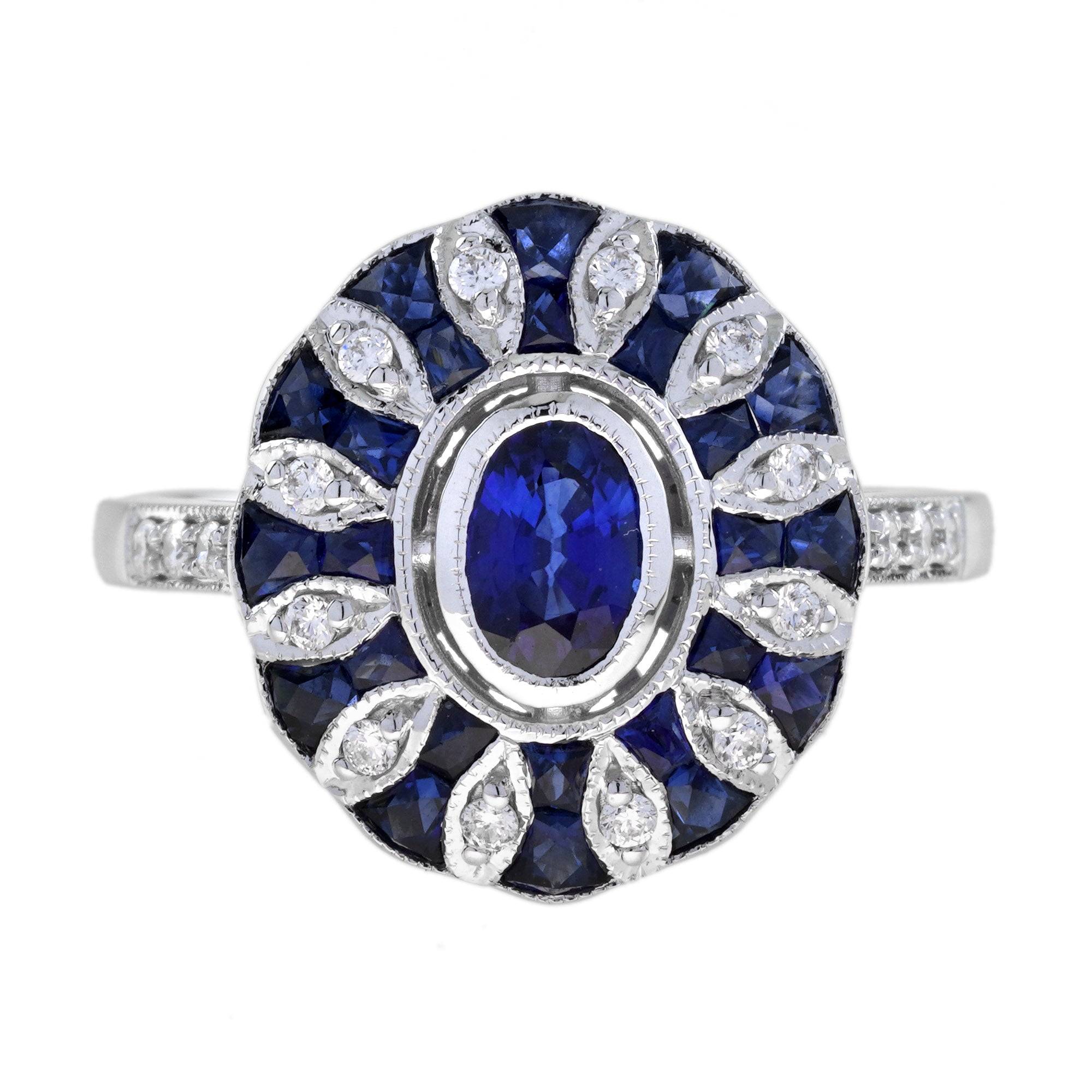 Oval Blue Sapphire &amp; Diamond Art Deco Style Halo Set Mosaic White Gold Ring