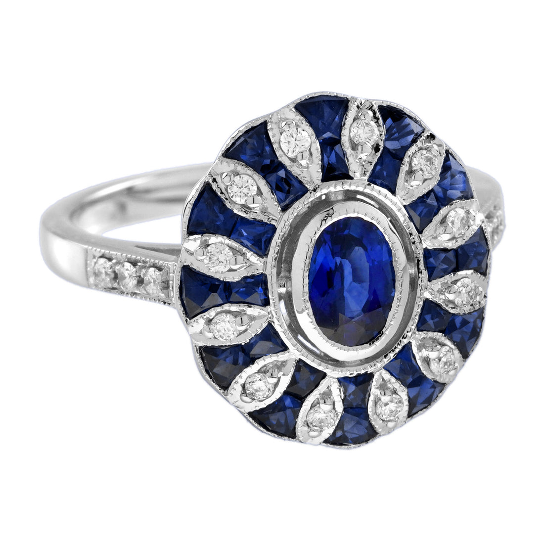 Oval Blue Sapphire &amp; Diamond Art Deco Style Halo Set Mosaic White Gold Ring