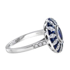 Oval Blue Sapphire & Diamond Art Deco Style Halo Set Mosaic White Gold Ring