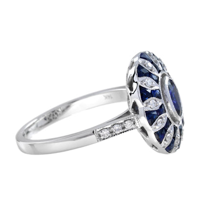 Oval Blue Sapphire &amp; Diamond Art Deco Style Halo Set Mosaic White Gold Ring