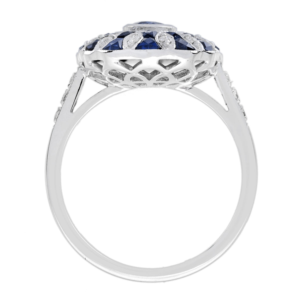 Oval Blue Sapphire & Diamond Art Deco Style Halo Set Mosaic White Gold Ring