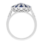Oval Blue Sapphire & Diamond Art Deco Style Halo Set Mosaic White Gold Ring