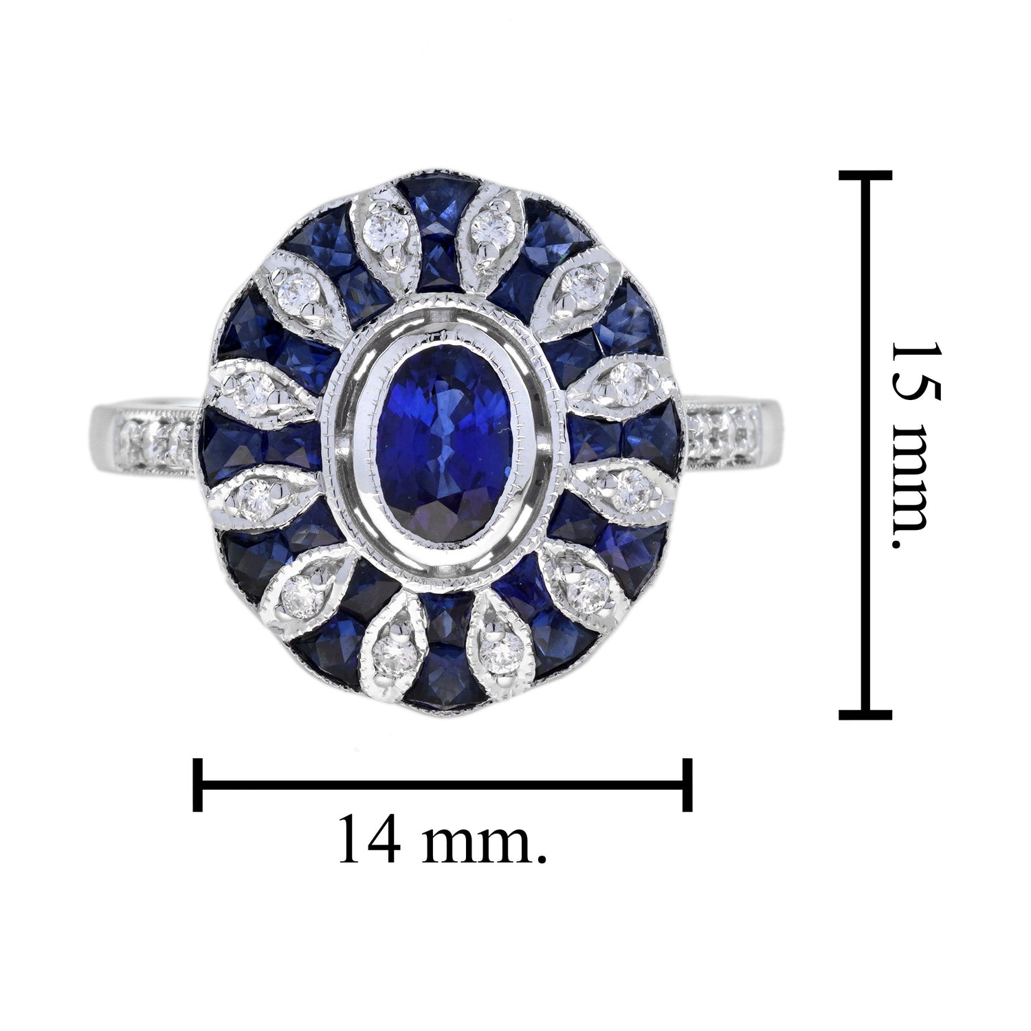 Oval Blue Sapphire &amp; Diamond Art Deco Style Halo Set Mosaic White Gold Ring