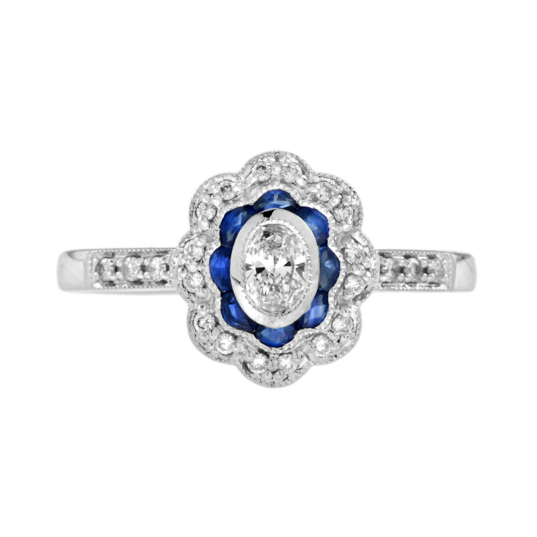 Vintage Style Oval Diamond &amp; Blue Sapphire Halo Statement White Gold Ring