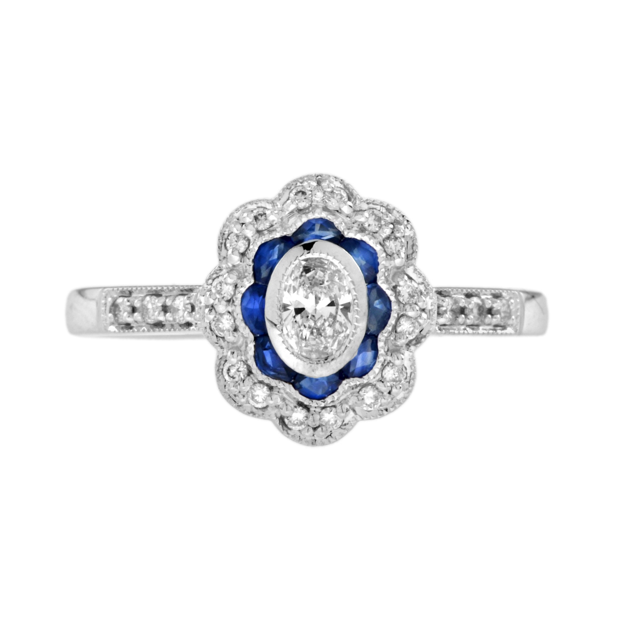 Vintage Style Oval Diamond &amp; Blue Sapphire Halo Statement White Gold Ring