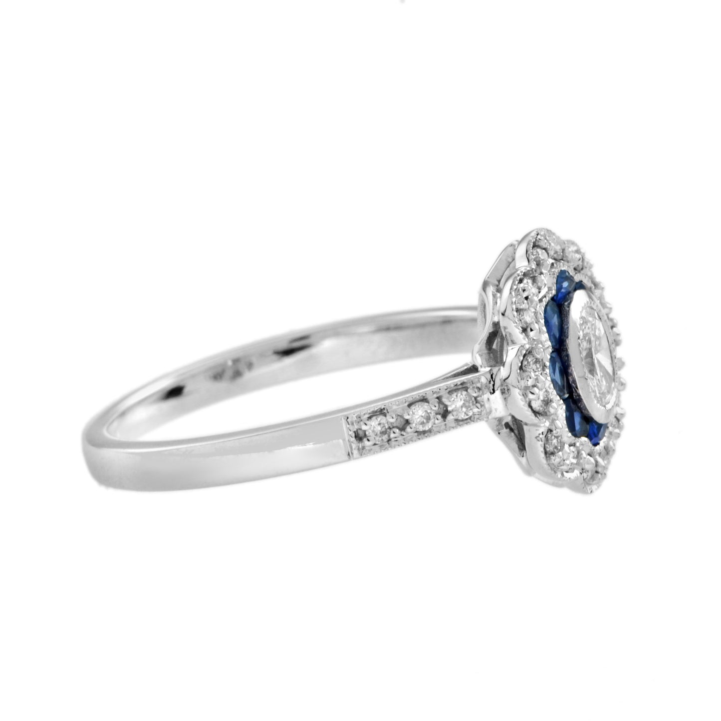 vintage style oval diamond & blue sapphire halo statement white gold ring
