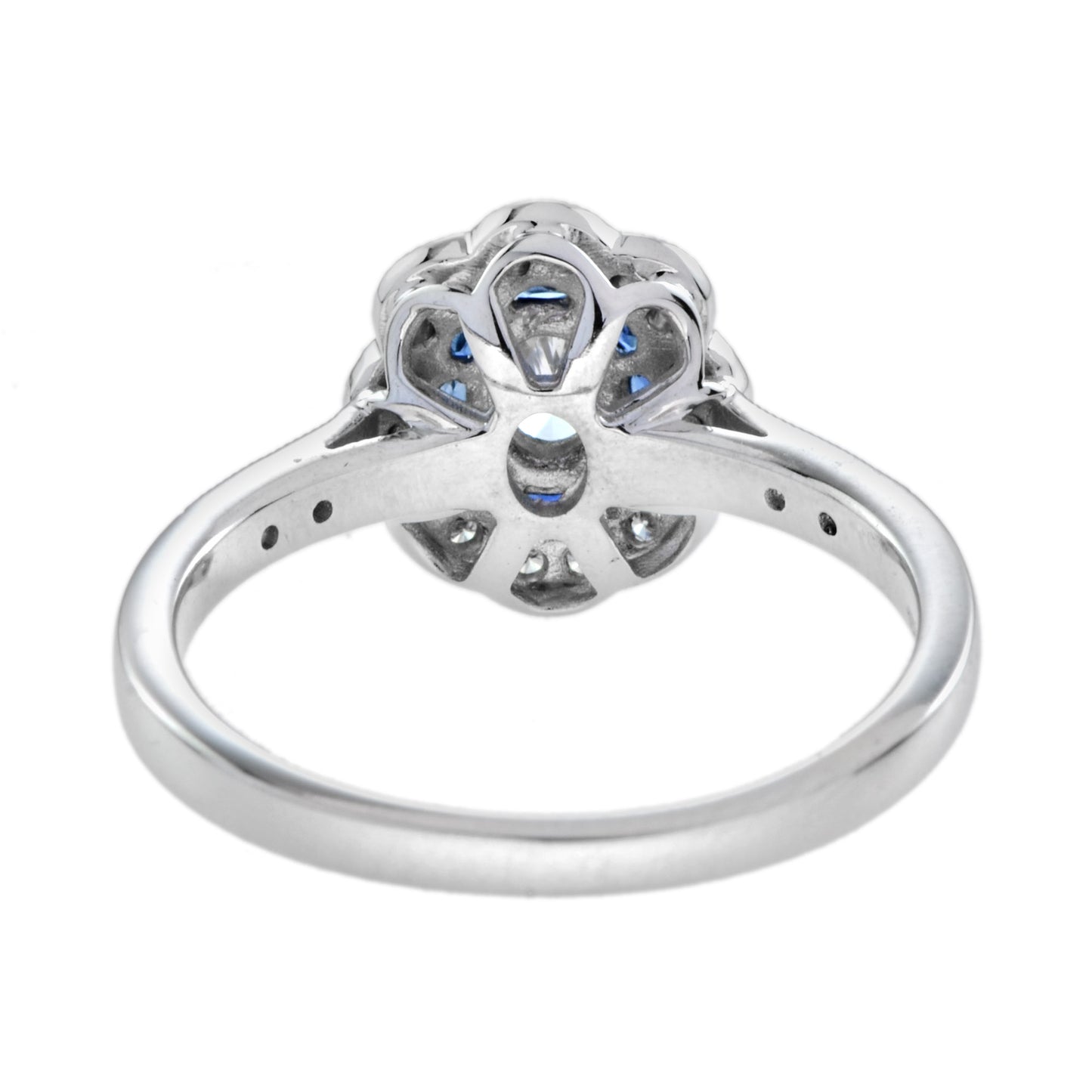 vintage style oval diamond & blue sapphire halo statement white gold ring