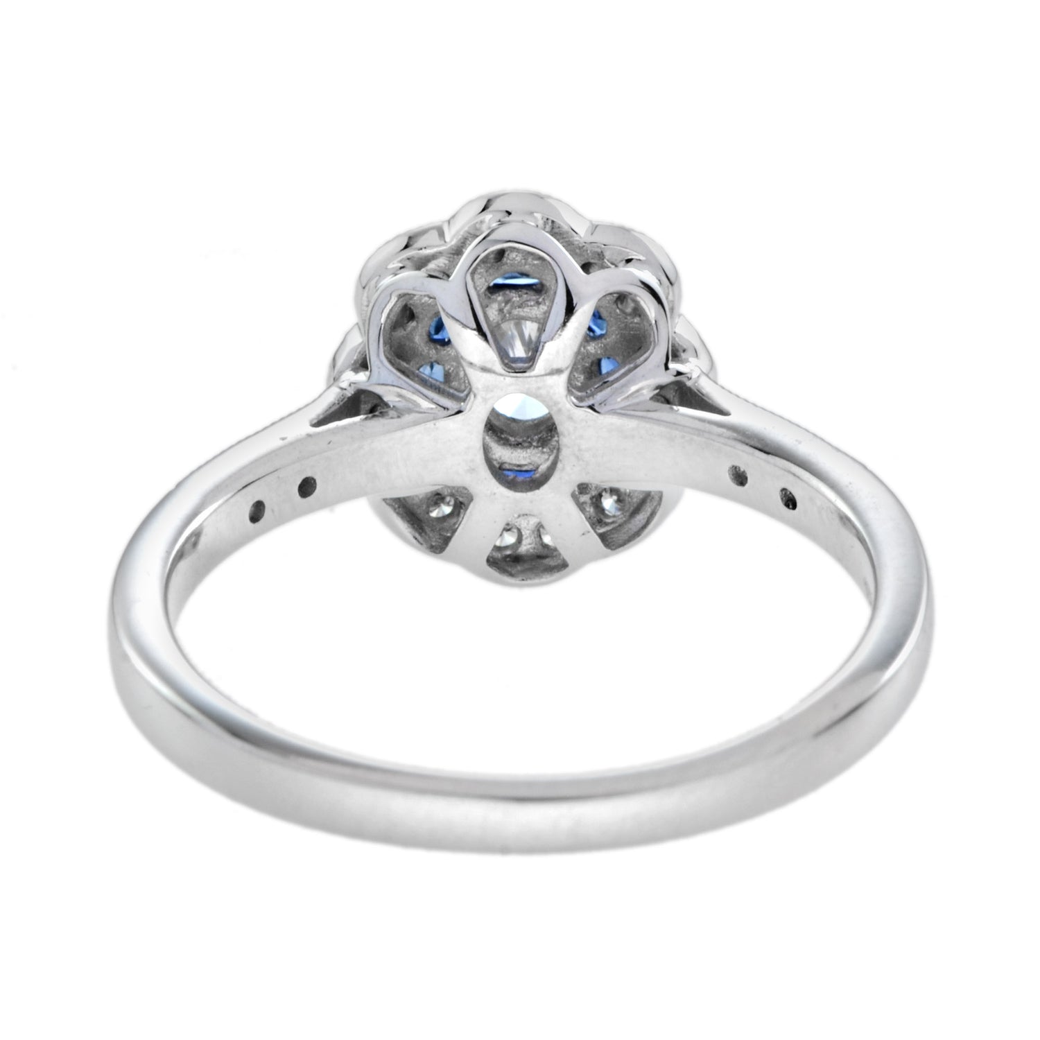 Vintage Style Oval Diamond &amp; Blue Sapphire Halo Statement White Gold Ring