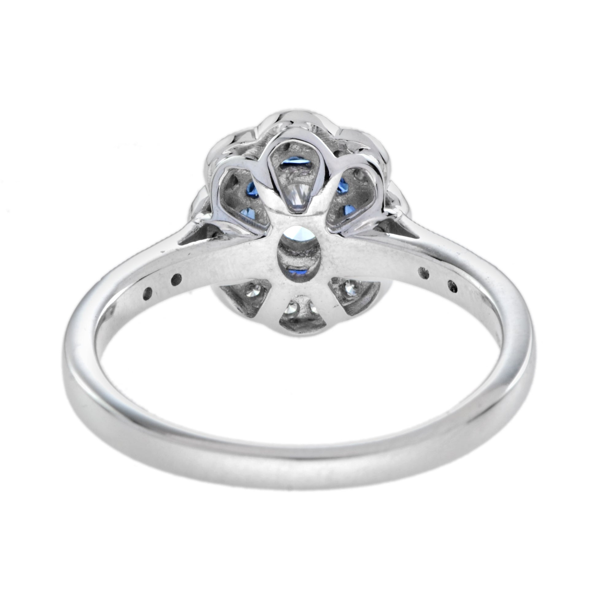 Vintage Style Oval Diamond & Blue Sapphire Halo Statement White Gold Ring