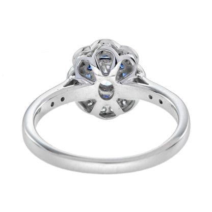 Vintage Style Oval Diamond & Blue Sapphire Halo Statement White Gold Ring