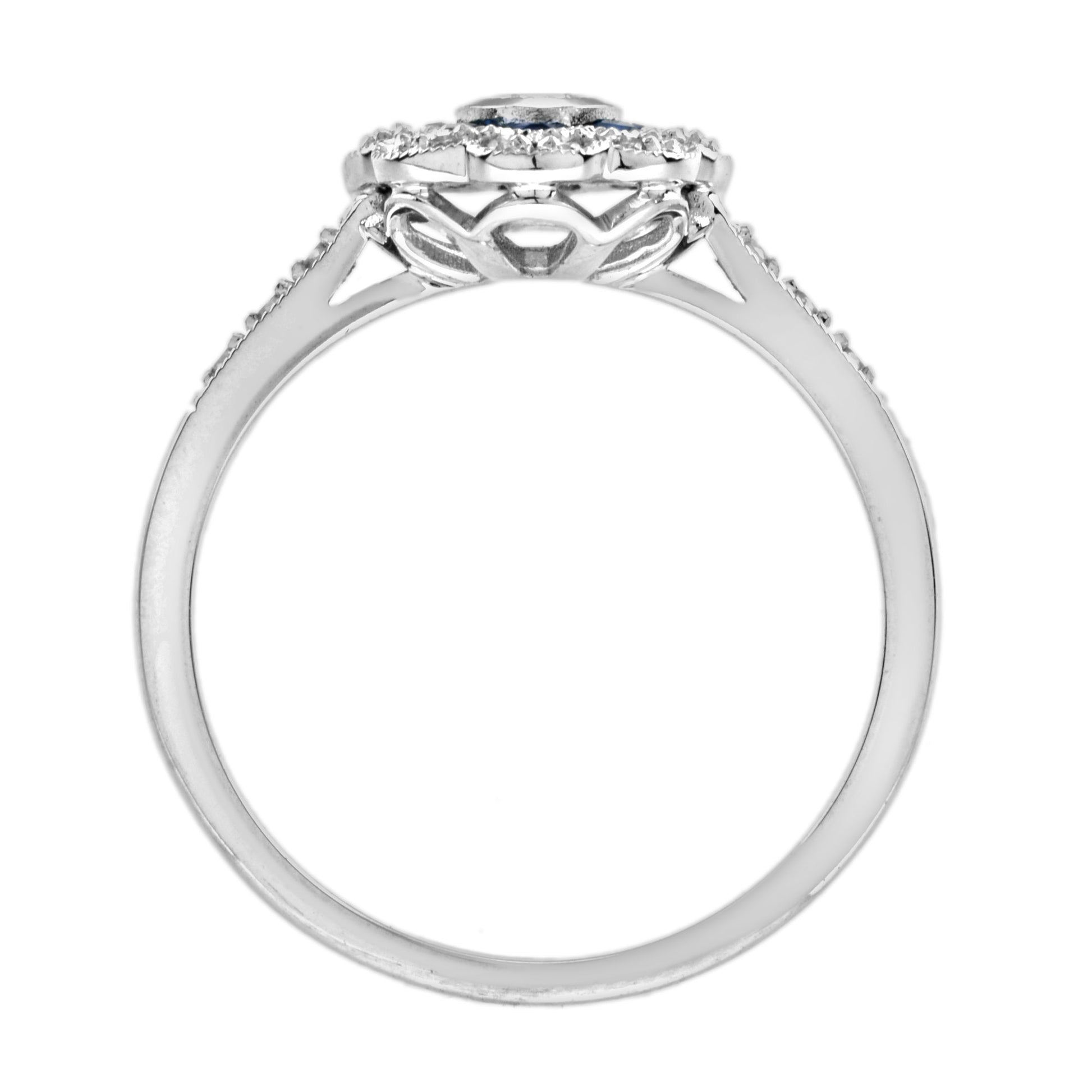 Vintage Style Oval Diamond & Blue Sapphire Halo Statement White Gold Ring