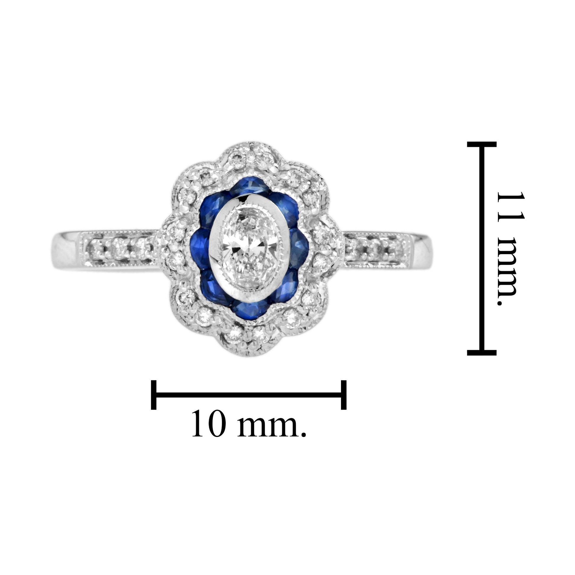Vintage Style Oval Diamond & Blue Sapphire Halo Statement White Gold Ring