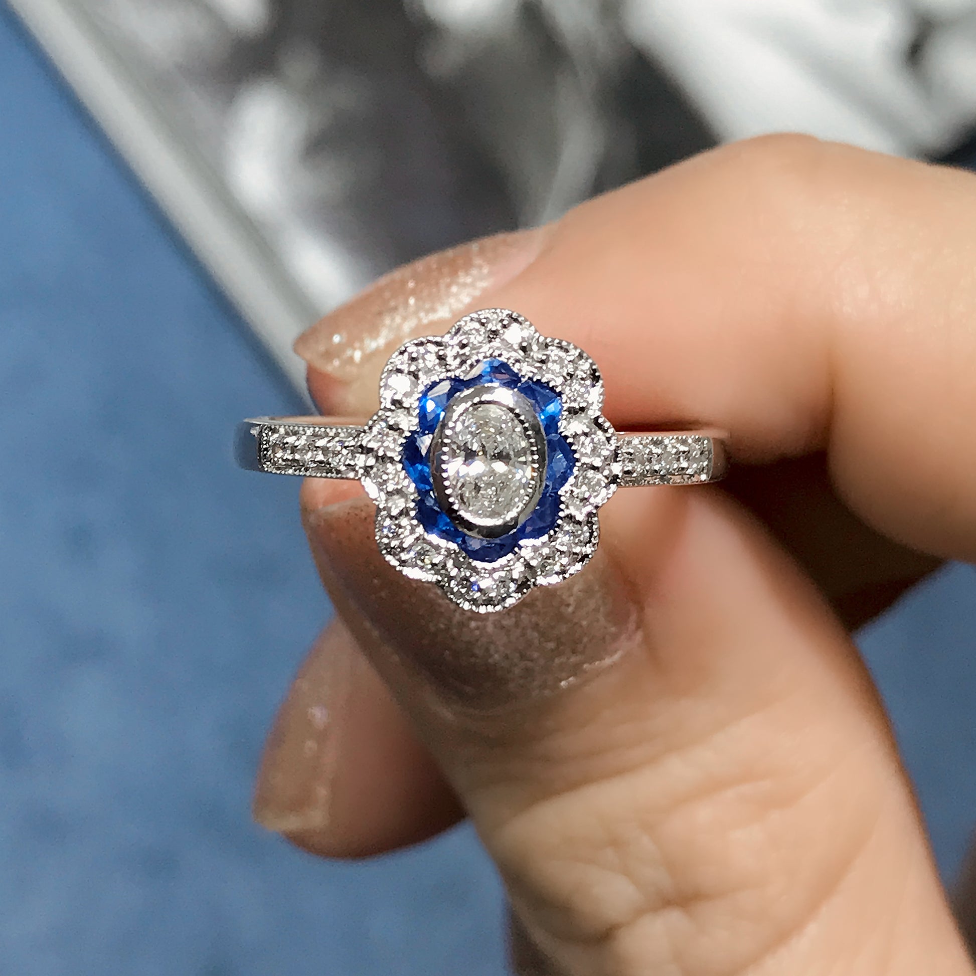 Vintage Style Oval Diamond & Blue Sapphire Halo Statement White Gold Ring