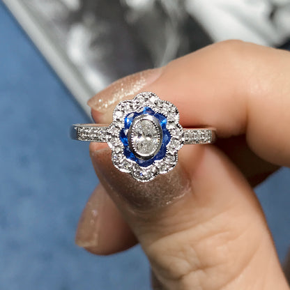 Vintage Style Oval Diamond & Blue Sapphire Halo Statement White Gold Ring