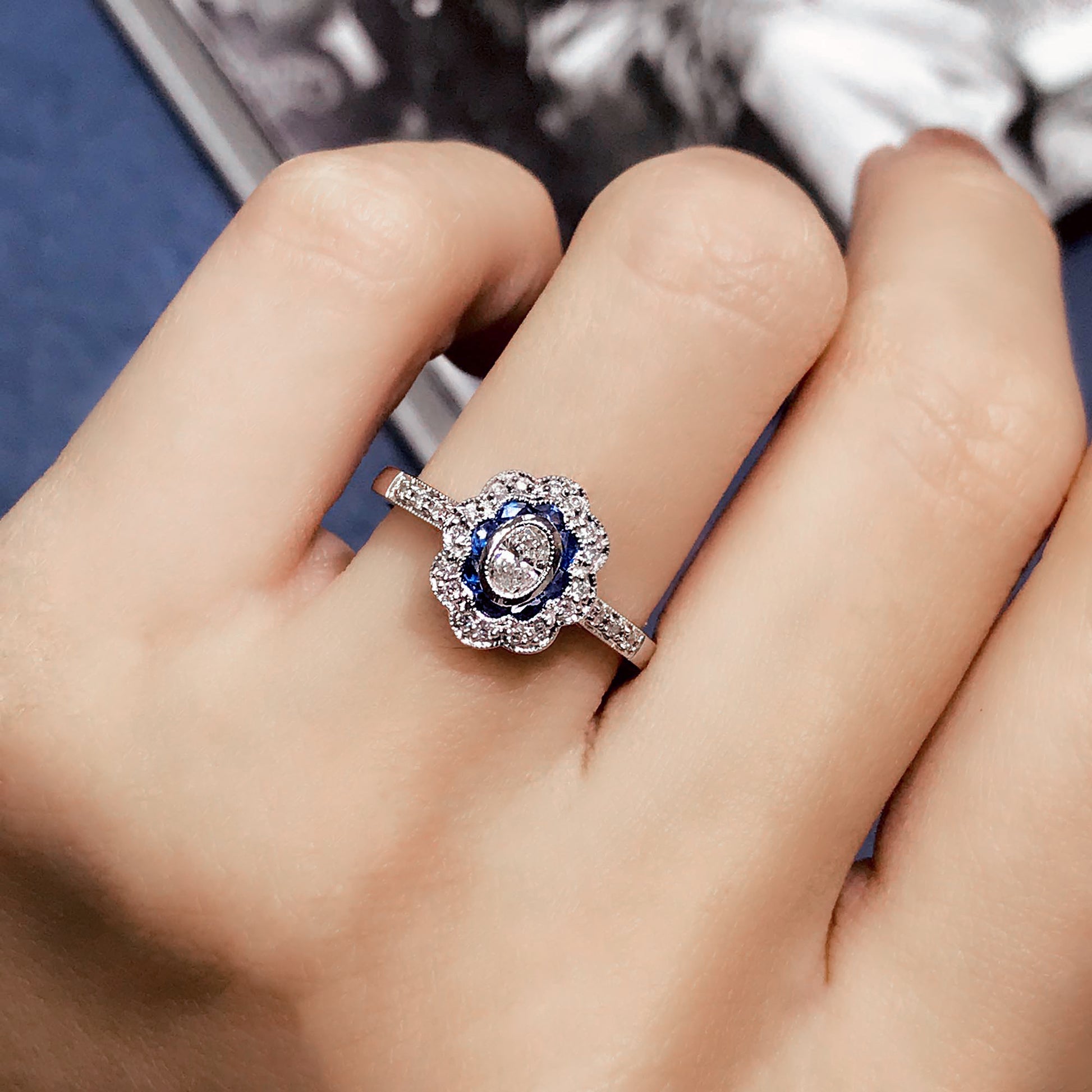 Vintage Style Oval Diamond & Blue Sapphire Halo Statement White Gold Ring
