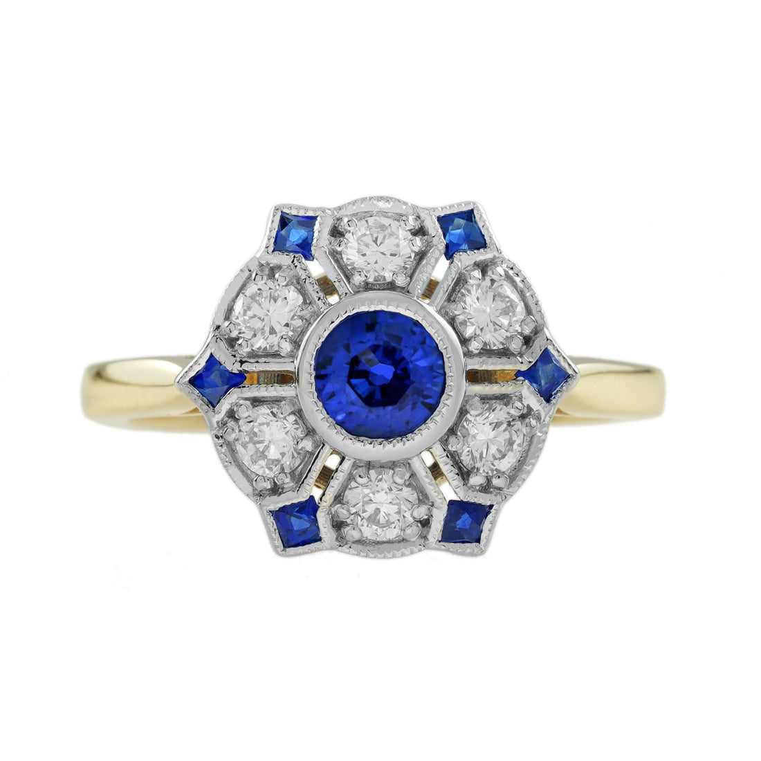 Blue Sapphire &amp; Diamond Antique Style Floral Cluster 14K Yellow Gold Ring
