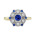 Blue Sapphire & Diamond Antique Style Floral Cluster 14K Yellow Gold Ring